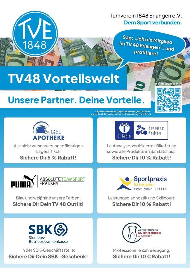 TV48 Vorteilswelt Eine Übersicht von Angeboten und Rabatten aus der TV 48 Vorteilswelt mit Partnern wie Apotheke, Sportpraxis und anderen, die jeweils Rabatte auf Produkte und Dienstleistungen anbieten.