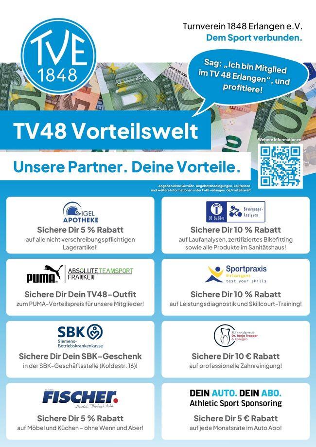 Eine &Uuml;bersicht von Angeboten und Rabatten aus der TV 48 Vorteilswelt mit Partnern wie Apotheke, Sportpraxis und anderen, die jeweils Rabatte auf Produkte und Dienstleistungen anbieten.