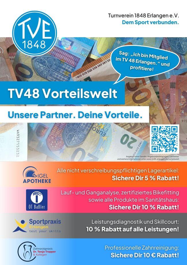 TV48 Vorteilswelt Eine Übersicht von Angeboten und Rabatten aus der TV 48 Vorteilswelt mit Partnern wie Apotheke, Sportpraxis und anderen, die jeweils Rabatte auf Produkte und Dienstleistungen anbieten.