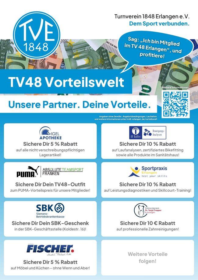 Eine &Uuml;bersicht von Angeboten und Rabatten aus der TV 48 Vorteilswelt mit Partnern wie Apotheke, Sportpraxis und anderen, die jeweils Rabatte auf Produkte und Dienstleistungen anbieten.
