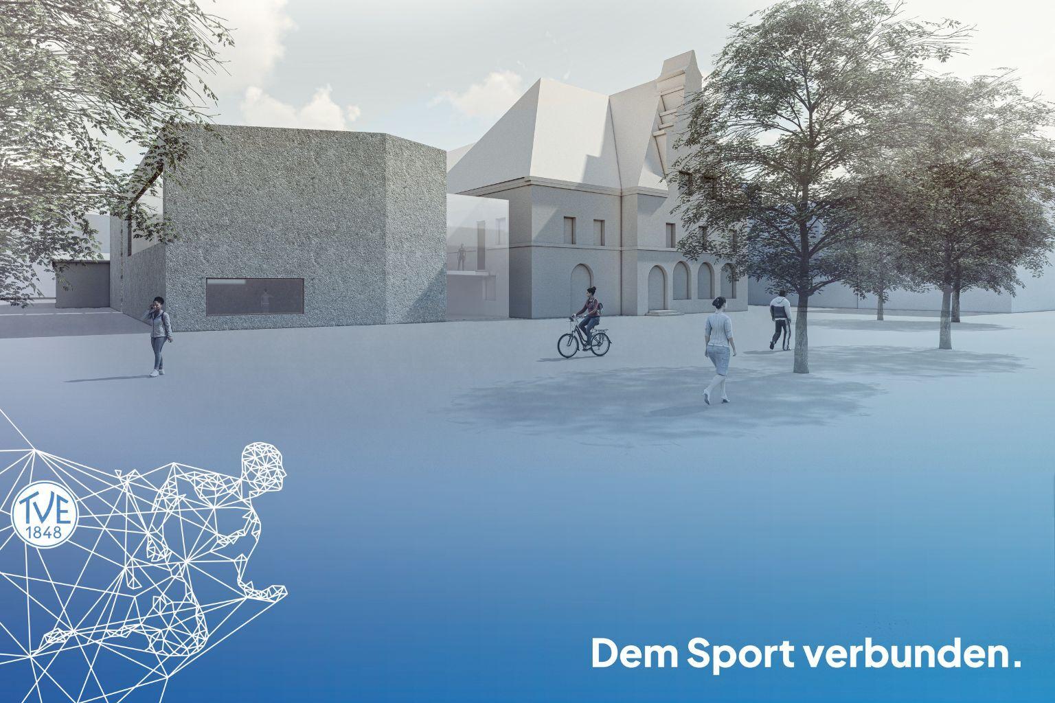 Eine Darstellung der Au&szlig;enansicht des geplanten Kinderbewegungszentrums an der Jahnhalle.