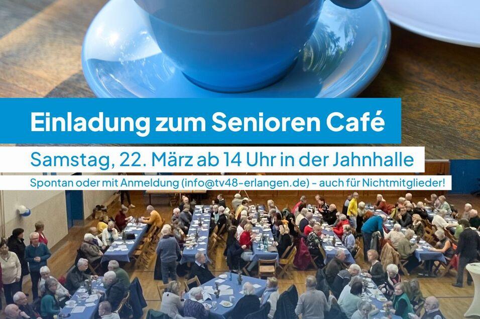 Ein Bild eines Kaffees und im Hintergrund eine Versammlung von Senioren in einem Raum, die an Tischen sitzen, während das Senioren Café des TV48 Erlangen stattfindet.