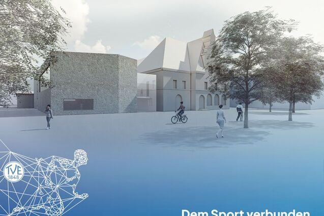 Eine Darstellung der Au&szlig;enansicht des geplanten Kinderbewegungszentrums an der Jahnhalle.