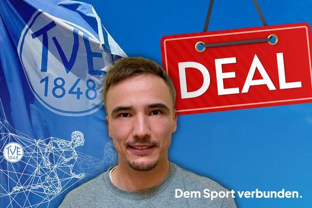 Ein Foto von Jonathan Lorenz und ein Schild auf dem "Deal" steht.