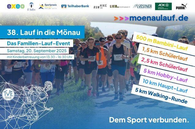 38. Lauf in die Mönau, Familien-Lauf-Event mit Kinderbetreuung und verschiedenen Distanzen am 20. September 2025