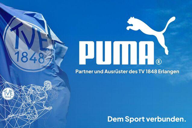 Wehende Fahne des TV 48 Erlangen und Firmenlogo von PUMA