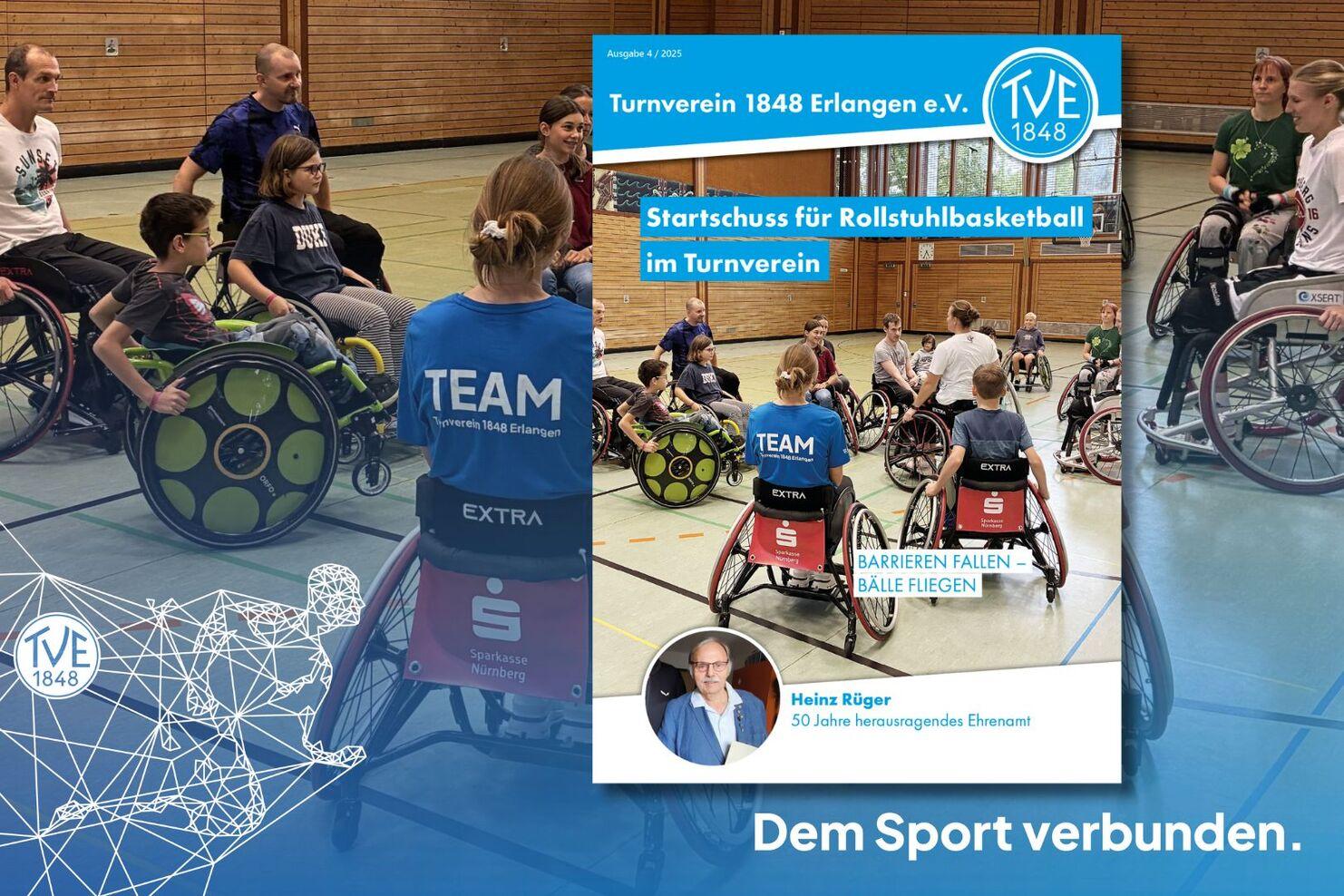 Cover der Vereinszeitung 4/2025 mit Teilnehmenden des Rollstuhlbasketballs
