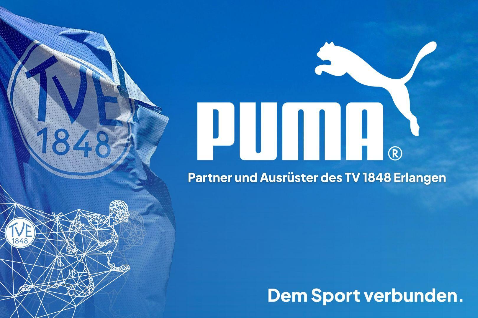 Wehende Fahne des TV 48 Erlangen und Firmenlogo von PUMA Wehende Fahne des TV 48 Erlangen und Firmenlogo von PUMA