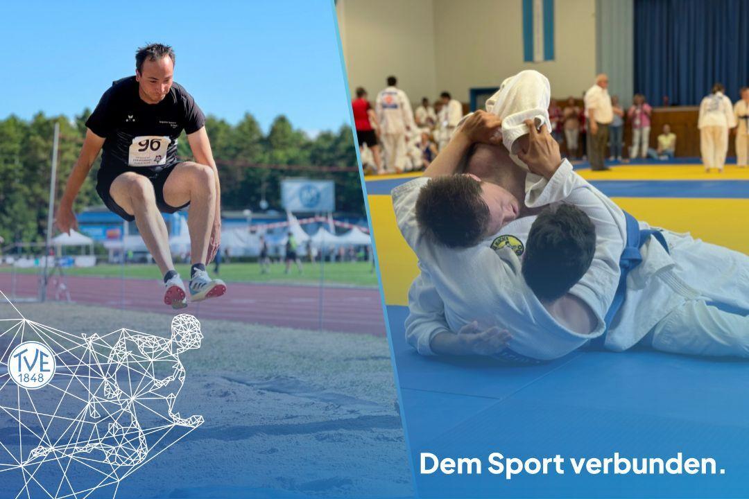 Athlet beim Weitsprung und daneben zwei Judokas beim Wettkampf auf der Matte. Athlet beim Weitsprung und daneben zwei Judokas beim Wettkampf auf der Matte.