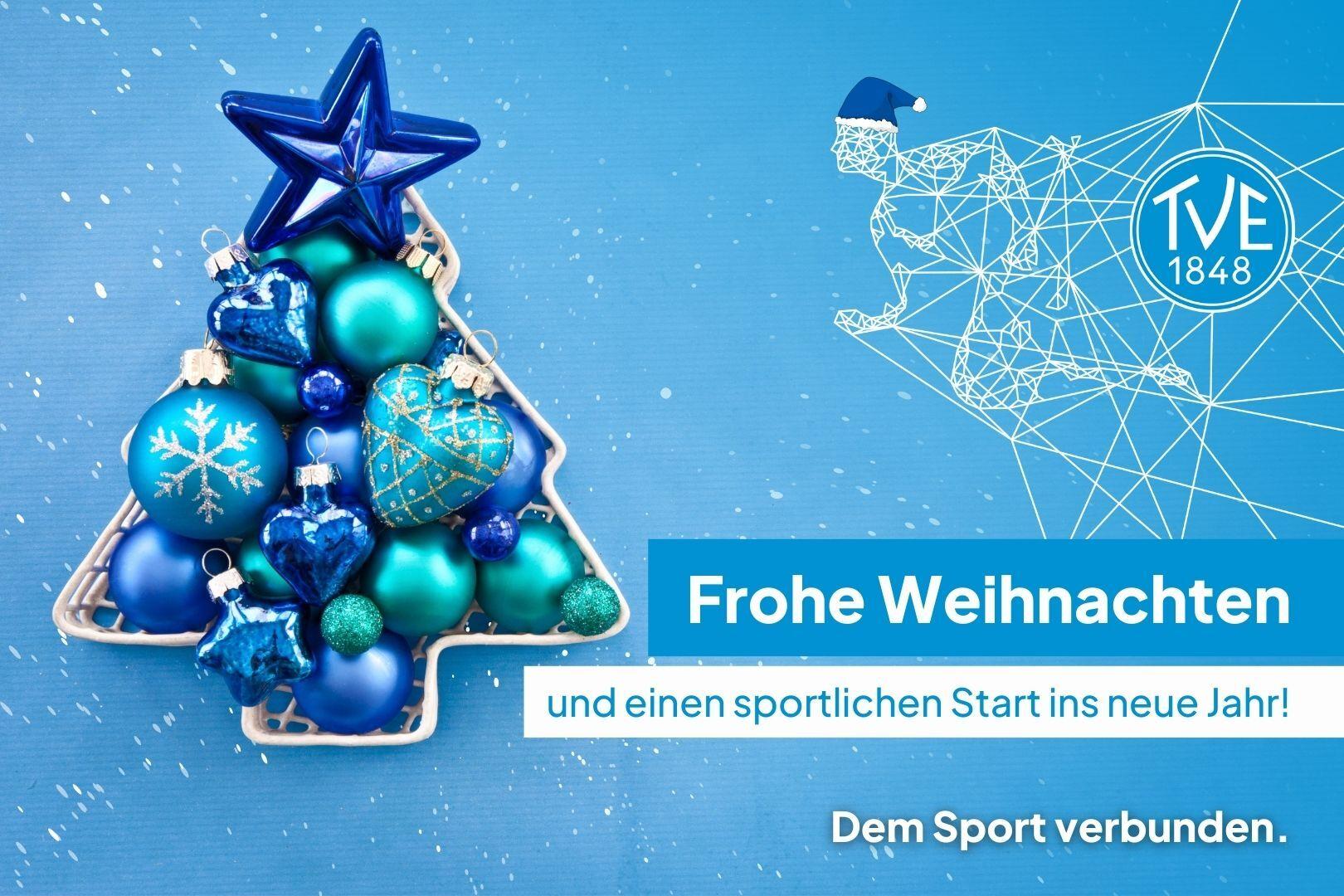 Blauer Weihnachtsbaum mit Beschriftung: Frohe Weihnachten und einen sportlichen Start ins neue Jahr!