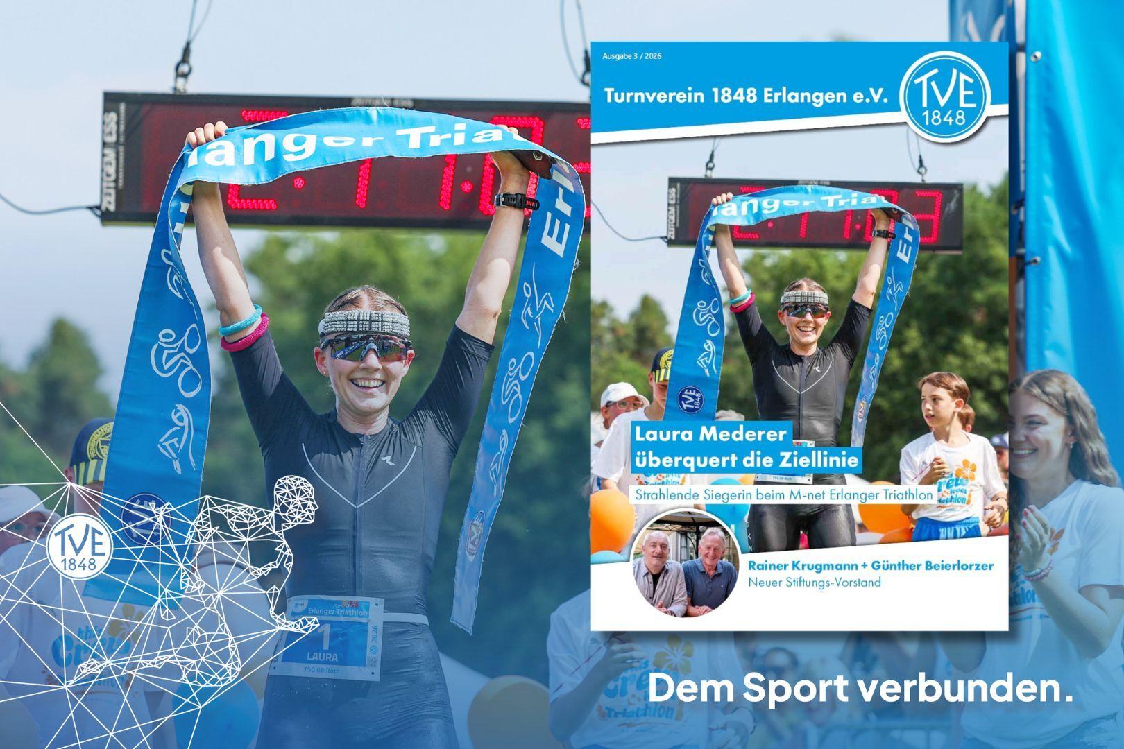 Titelbild der Vereinszeitung 3/2026 mit Laura Mederer, die die Ziellinie beim Triathlon überquert. Titelbild der Vereinszeitung 3/2026 mit Laura Mederer, die die Ziellinie beim Triathlon überquert.