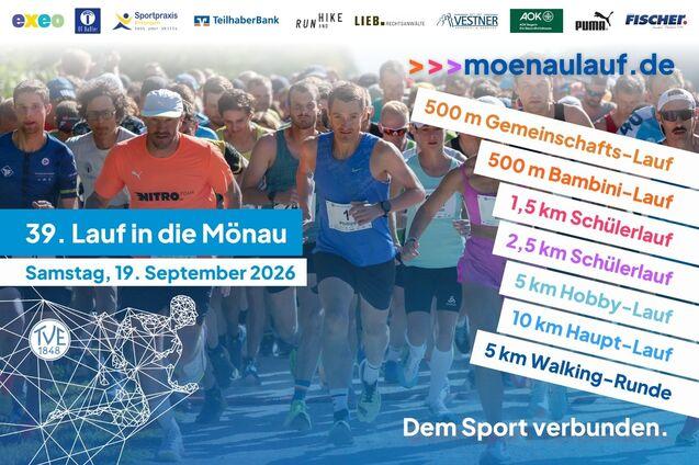 Titelbild des Laufs in die M&ouml;nau mit L&auml;ufern, Sponsorengrafiken und den verschiedenen Distanzen.