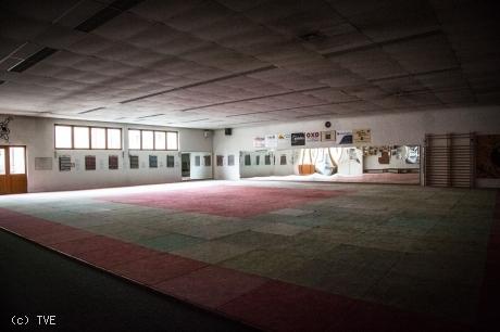 Blick auf die leere Judohalle in der Jahnhalle, mit Matten auf dem Boden und Spiegeln an den Wänden.