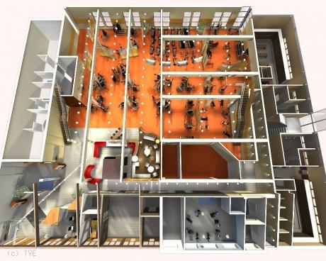 3D-Visualisierung eines Fitnessstudios mit einer Draufsicht auf verschiedene Trainingsbereiche und Geräteflächen.
