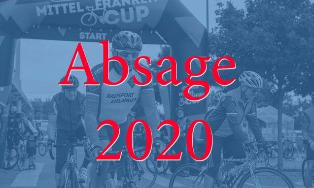 Roter Text 'Absage 2020' über einem Foto Rennradathleten im Hintergrund