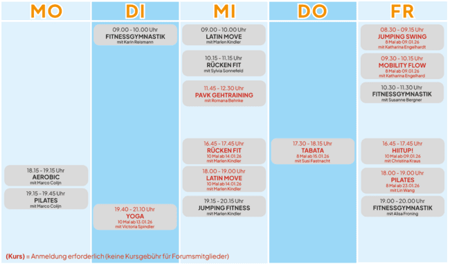 Der Kursplan des Gymnastikforums f&uuml;r die Faschingsferien 2026